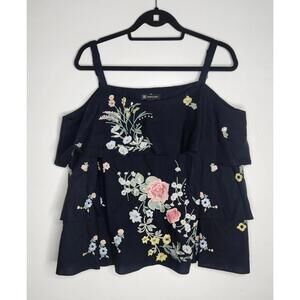 INC International Concepts Shirt Womens Large Black Floral Embroidered Ruffle